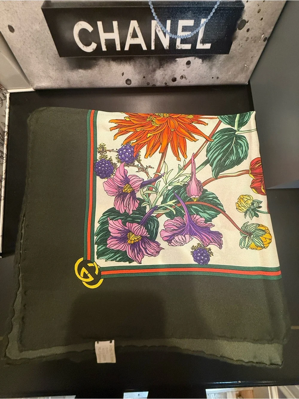Gucci White Floral Silk Scarf with Green Border